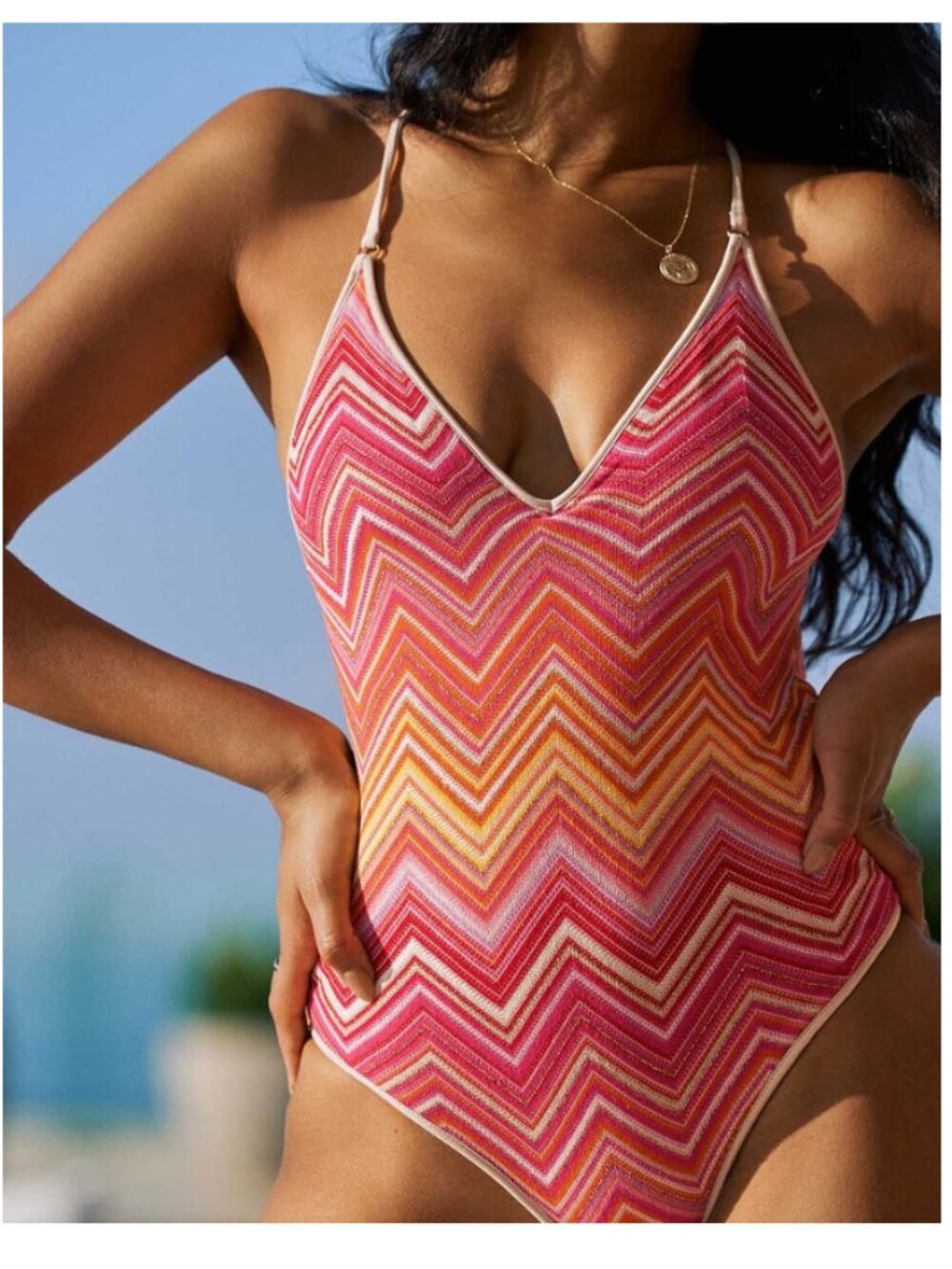 PQ Swim Margot One Piece Swimsuit NWT Pink Cayenne Women's Large Chevron Strappy